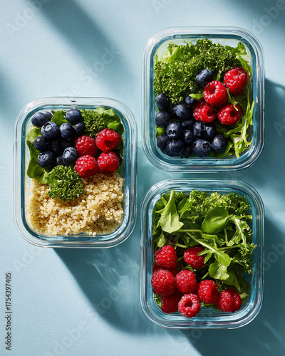 Three glass containers filled with healthy quinoa, blueberries, raspberries, and greens on a blue background Concept of meal prep, balanced diet, and healthy eating