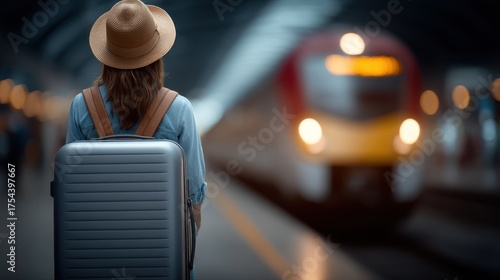 Woman With Suitcase On Train Station Platform Waiting For Transportation During Travel Journey