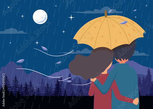 Romance Drawing Couple Rain Moonlight Cartoon Background Vector Design