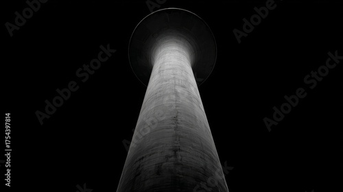 A striking black and white architectural structure towers prominently,