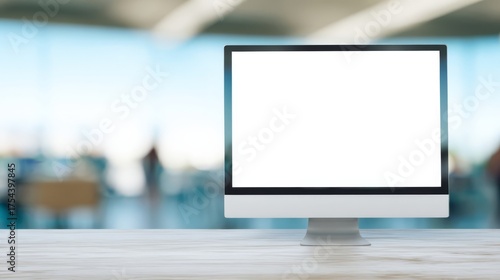 A sleek iMac sits on a light wooden table with a blank screen reflecting the surroundings in a modern office space featu