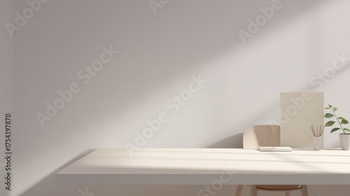 Minimalistic interior scene with mid-century modern design, featuring a light wooden desk, potted plant, beige cushion,