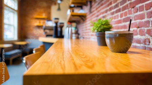 A rustic cafe scene with a wooden bar counter bathed in warm light,