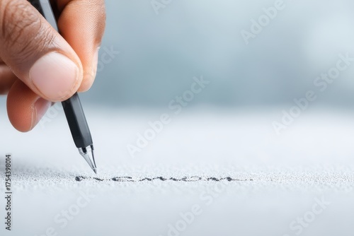 Close up of a hand holding a black pencil writing a line on a textured gray surface with soft diffused lighting