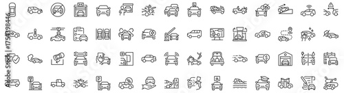 Set of 60 outline icons related to car. Linear icon collection. Editable stroke. Vector illustration