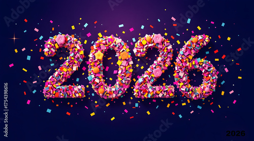 2026 formed with colorful confetti on a dark festive night background