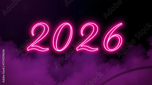 2026 written in neon pink on a black and purple gradient night background