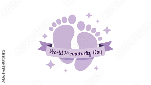 World Prematurity Day vector illustration with baby footprints and ribbon banner isolated on white background