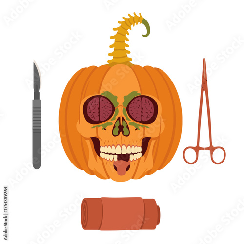 Spooky Halloween pumpkin skull with brain eyes and medical tools, perfect for eerie holiday designs and creepy seasonal promotions, a frightfully fun touch