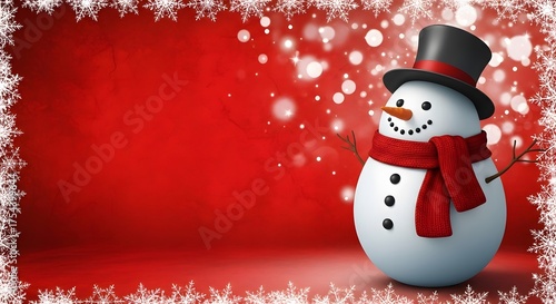 Charming snowman with top hat and scarf on red background with snowflakes