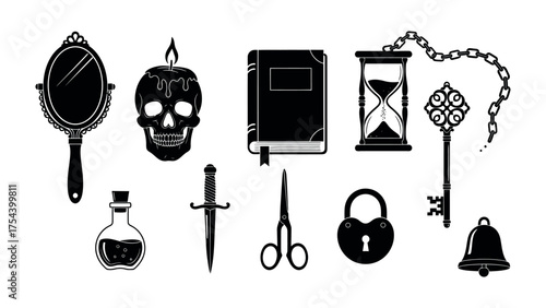Mystical Items: A collection of mysterious, antique items, carefully arranged to invite curiosity and imagination, evoking a sense of intrigue and wonder.