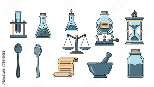 Alchemy tools: A collection of alchemy tools on a flat background, including beakers, a balance scale, an hourglass, spoons, mortar and pestle, scroll, and bottles.