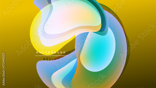 Abstract fluid shapes overlap, creating vibrant color gradients. Yellow background contrasts with translucent forms. Modern design element.