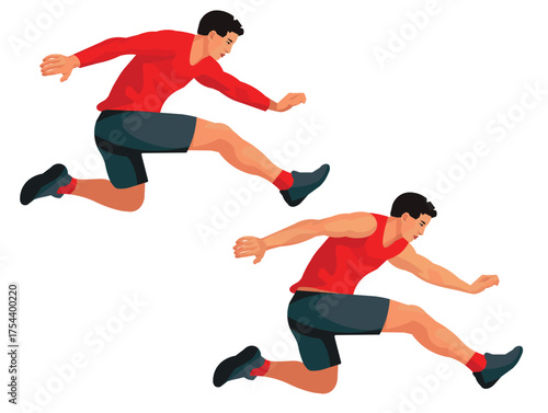 Figures of a Japanese male runner in profile jumping a hurdle at the steeplechase championships in red summer and winter sports uniforms