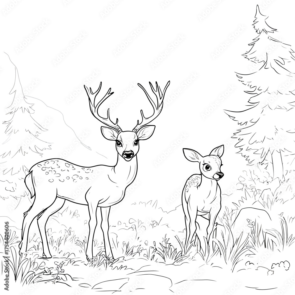 Obraz premium Majestic Buck and Fawn Outline in a Forest Landscape