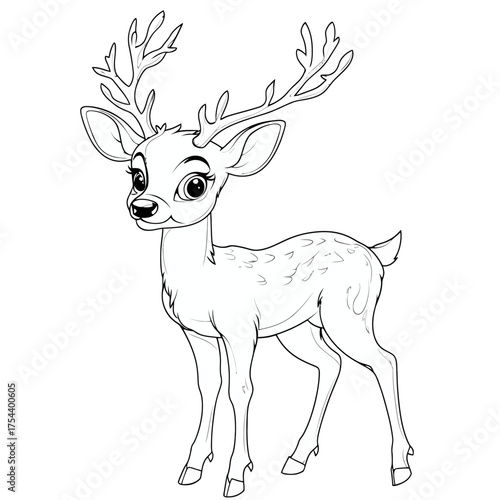Adorable Deer Illustration with Large Eyes and Antlers, Outlined