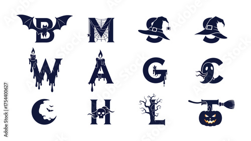 Mystical Halloween Alphabets: A chilling alphabet collection of spooky letter designs, intricately crafted to embody the essence of Halloween with playful symbols.
