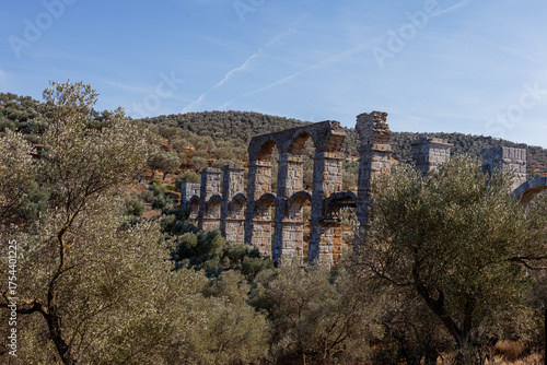 Ancient stone aqueduct in a hilly landscape with olive trees.
