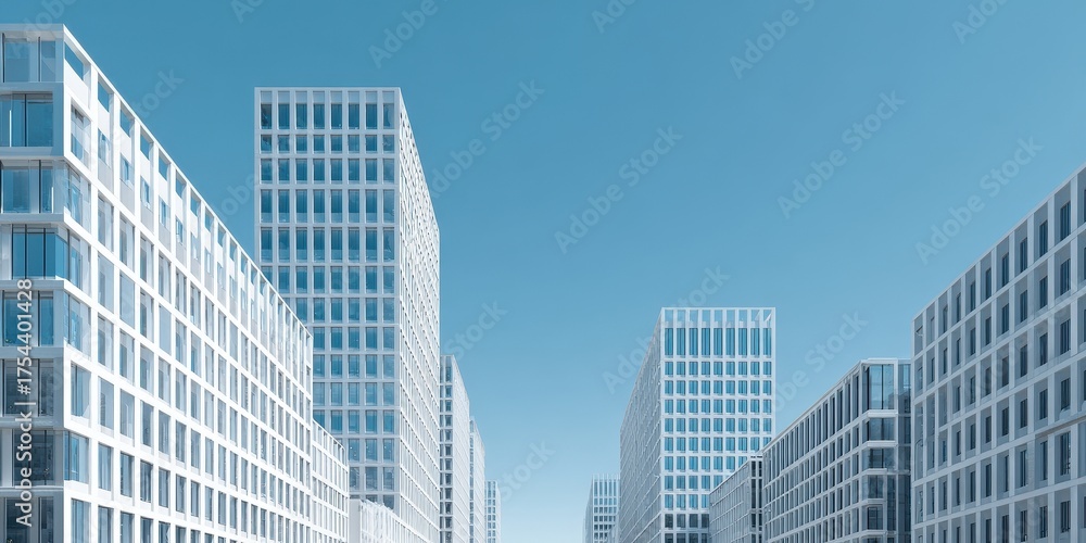 Obraz premium Modern urban office buildings with clean minimalist geometric design against a blue sky.