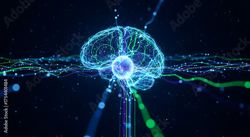Glowing brain with connected lines and particles on a dark background representing ai network