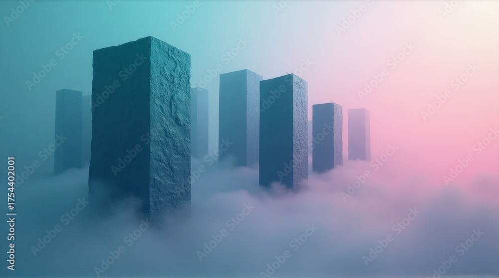 Fototapeta premium Abstract Blue Gray Cloudscape with Tall Block Structures Surrounded by Mist and Soft Pink Light