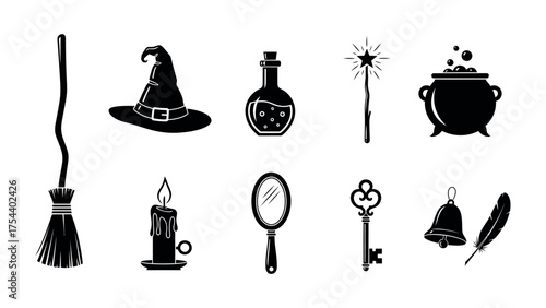 Magical Elements for Spellcraft: A collection of enchanting, dark silhouettes of tools, casting a mysterious air for magic and witchery. Including the magical witch's hat, bubbling cauldron.