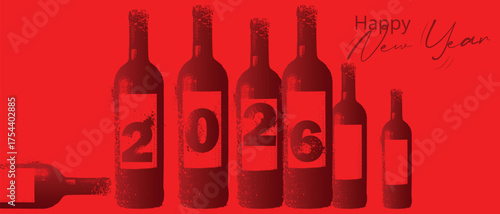 Alcohol collection, grunge style, bar poster, vector flat design, New Year's party concept, 2026 lettering. Happy New Year, banner, festival, drinking illustration, red background, distressed texture