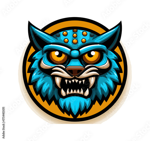 Stylized illustration of a feline face with sharp teeth and fierce expression