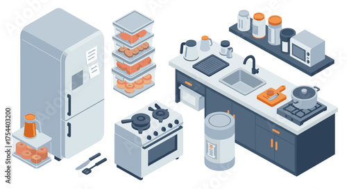 Modern isometric kitchen set with appliances, fridge, and cookware