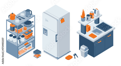 Isometric kitchen: modern appliances and storage in blue and orange design