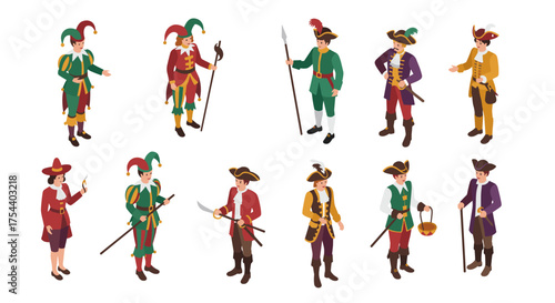 Isometric medieval costumes: jesters and soldiers in historical attire