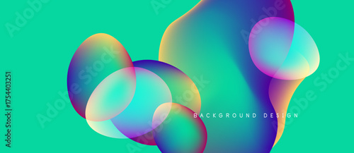 Abstract fluid shapes overlap, vibrant colors blend. Turquoise background complements purple, yellow hues. Modern design element.