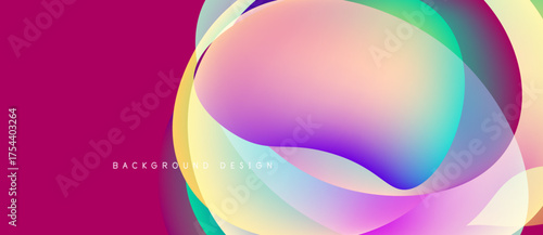 Abstract fluid shapes overlap, creating vibrant color gradients. Pink background complements flowing design elements. Modern, dynamic composition.