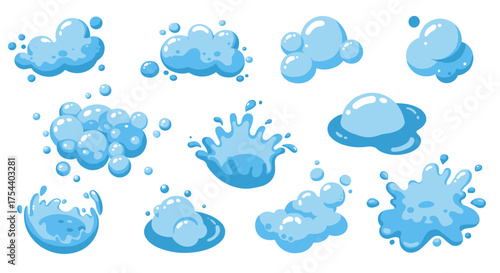 Blue cartoon water splashes and bubbles set for creative designs