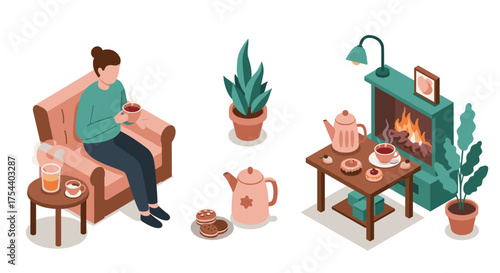 Cozy isometric living room scene with relaxed woman and warm fireplace setting