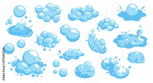 Cartoon blue water elements set with splashes and bubbles
