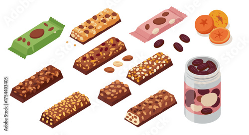Assorted snack bars and jar of nuts in isometric style on white background
