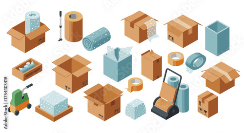 Isometric cardboard boxes and packing supplies collection