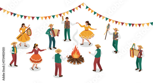 Isometric folk dance celebration with campfire and traditional attire in festive setting