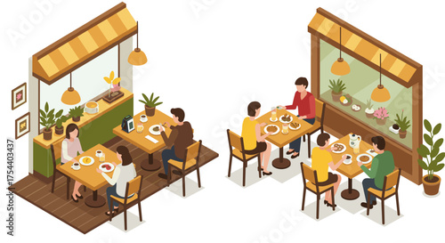 Cozy cafe scene with people dining in isometric style
