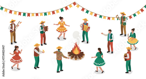 Traditional folk dance festival with musicians and bonfire in isometric style
