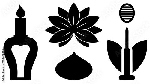 Black and white graphic art featuring candle flower seed and plant icons