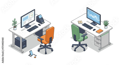 Modern isometric home office desks with chairs and computers