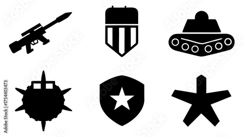 Military themed icons depicting weapons and insignia in a simple black style