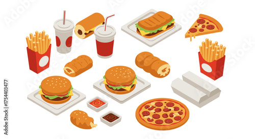 Isometric fast food assortment with burgers, pizza, and fries on white background