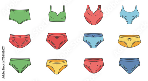 Colorful collection of minimalist underwear designs in flat style
