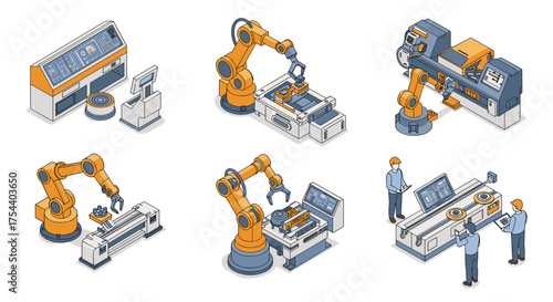 Futuristic industrial automation with isometric robots in a high-tech factory environment