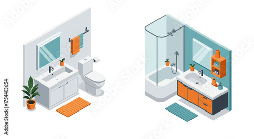 Modern isometric bathroom designs with contemporary fixtures and accessories
