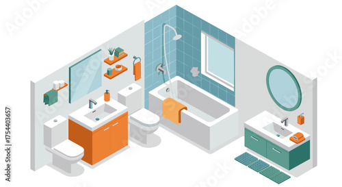 Modern isometric bathroom design with elegant fixtures and colorful accents