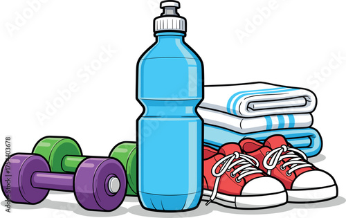 Fitness and workout gear including dumbbells water bottle shoes and towel